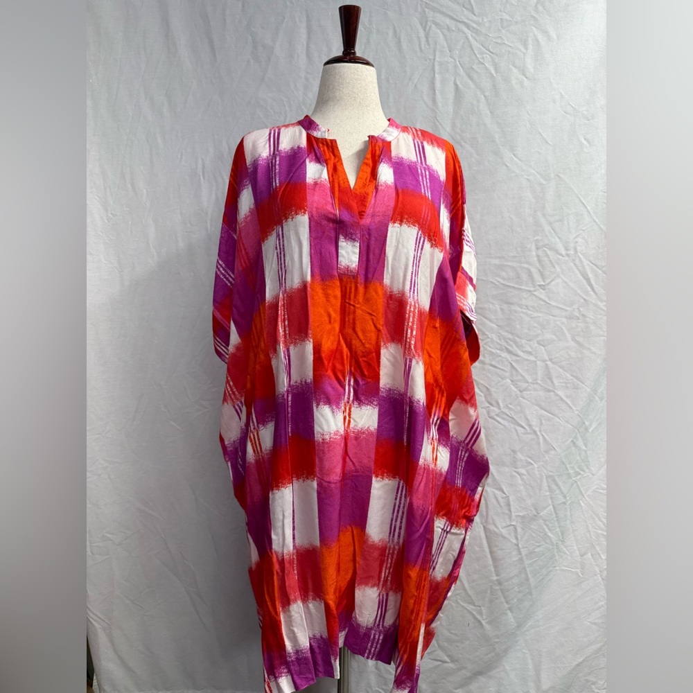 Natori Red and Purple Cotton Silk Blend Midi Dress